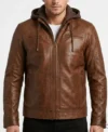 Mens Waxed Brown Removable Hood Leather Jacket