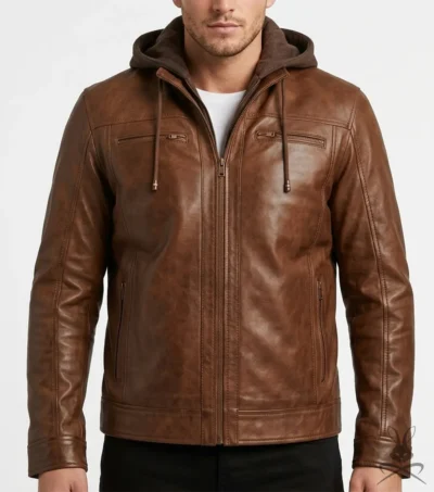 Mens Waxed Brown Removable Hood Leather Jacket