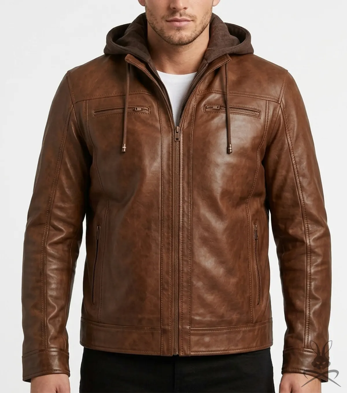 Mens Waxed Brown Removable Hood Leather Jacket