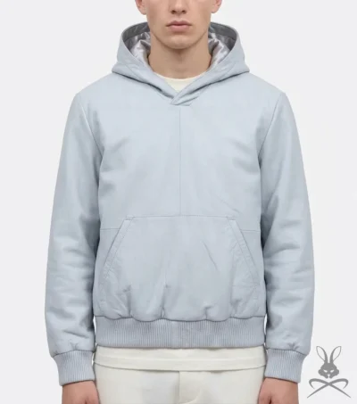 Mens White Leather Pull-Over Hoodie