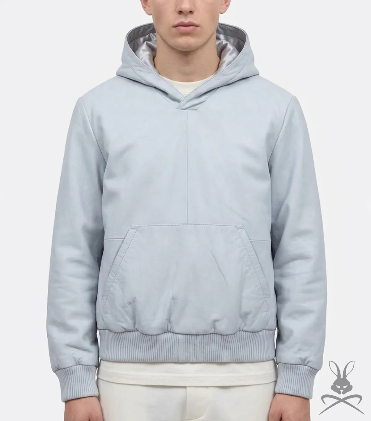 Mens White Leather Pull-Over Hoodie