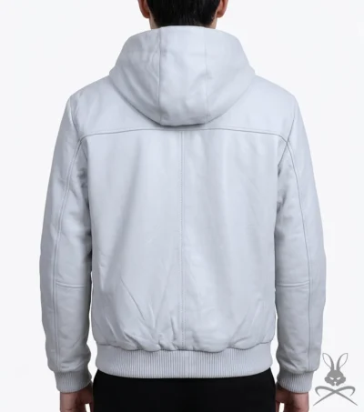 Mens White Leather Pull-Over Hoodie back