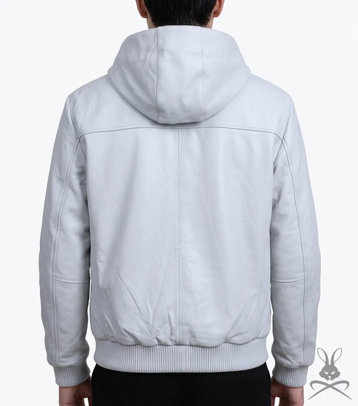 Mens White Leather Pull-Over Hoodie back