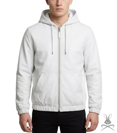 Mens White Real Leather Hoodie
