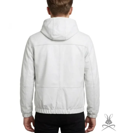 Mens White Real Leather Hoodie back
