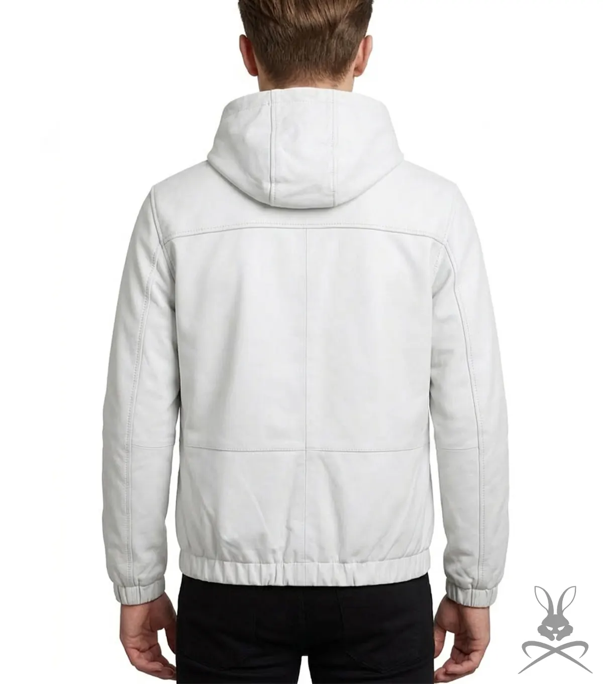 Mens White Real Leather Hoodie back