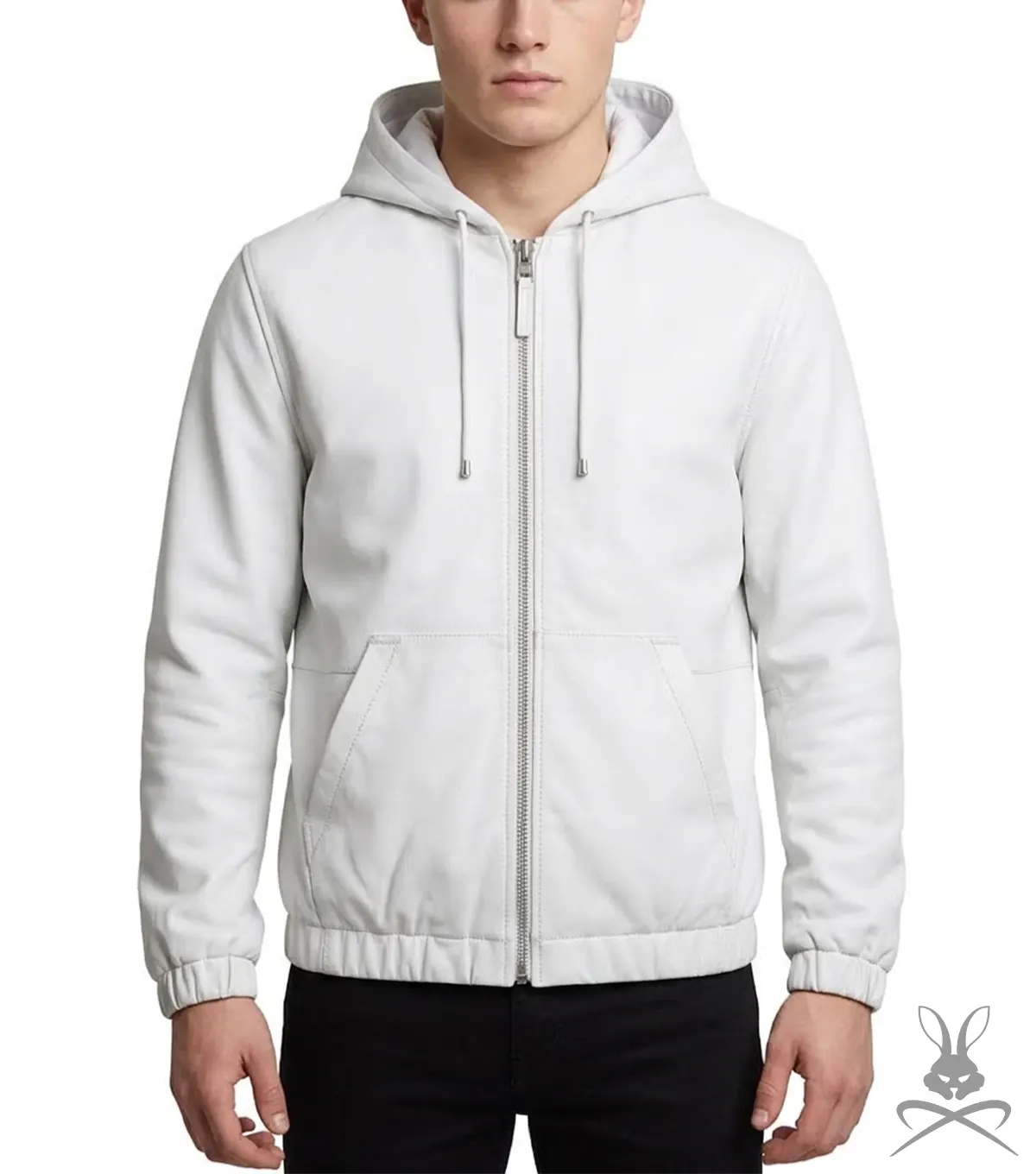 Mens White Real Leather Hoodie