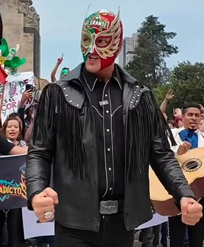 Mexico City Crowd Rally 2026 El Grande Americano Black Leather Fringe Jacket Front