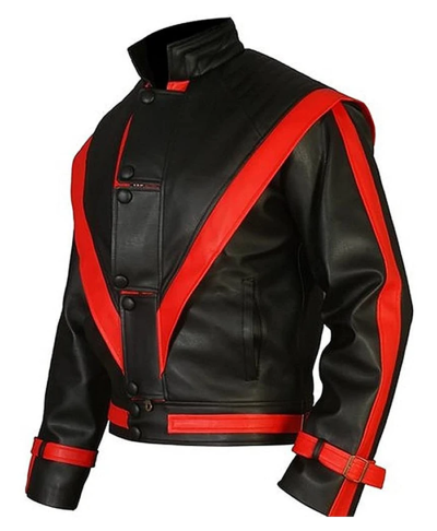 Michael Jackson Thriller Red Stripe Black Genuine Leather Jacket Right