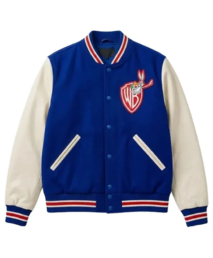 Michael Jackson Warner Bross Bugs Bunny Blue and White Varsity Jacket for Men and Women Front