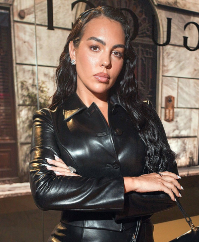 Milan RTW 2027 Fashion Week Georgina Rodríguez Black Leather Jacket Closeup