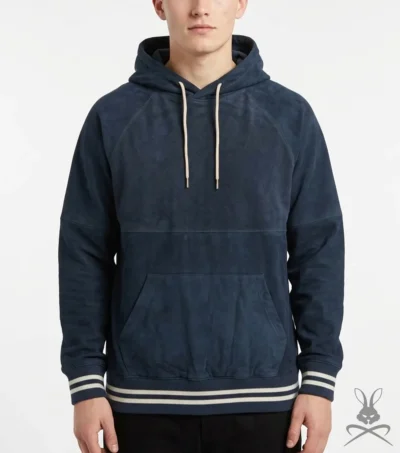 Miles Prussian Blue Suede Leather Pullover Hoodie