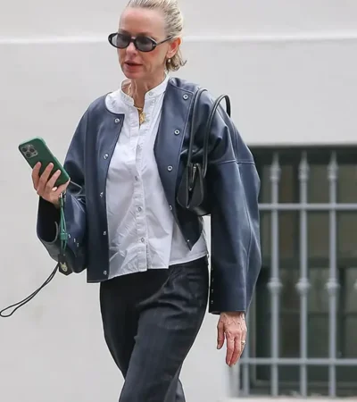 Naomi Watts NYC 2026 Navy Blue Leather Jacket