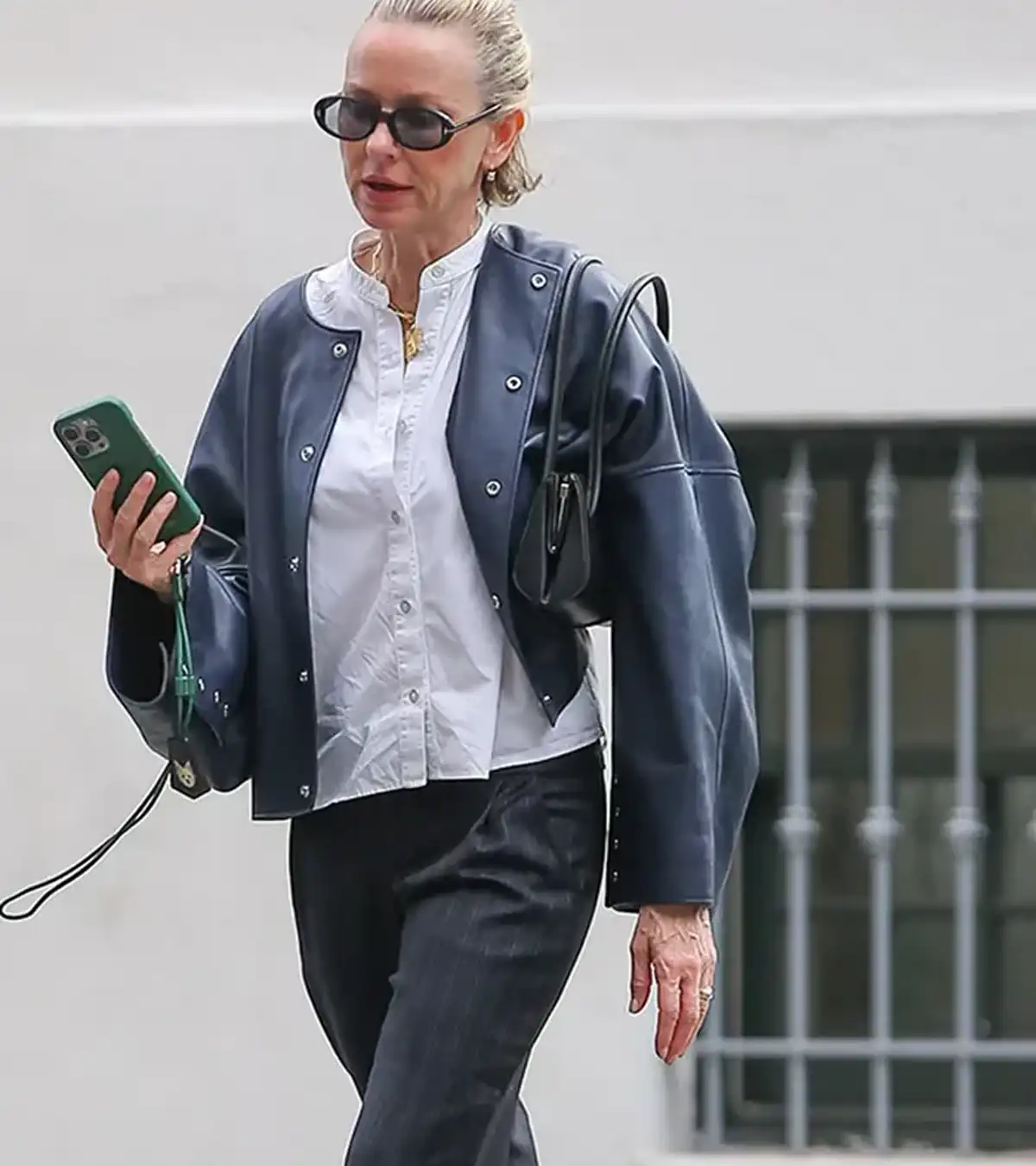 Naomi Watts NYC 2026 Navy Blue Leather Jacket