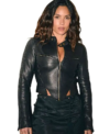 New York City NBC Studios Adria Arjona Slim Fit Black Leather Jacket Front