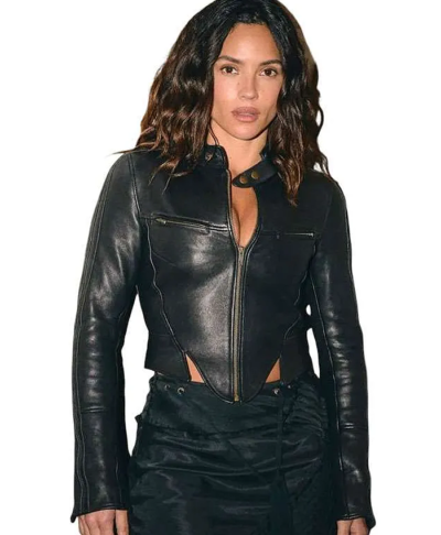 New York City NBC Studios Adria Arjona Slim Fit Black Leather Jacket Front