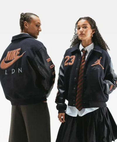 Nike x Jordan Flight London Black Varsity Jacket for Men and Women Front