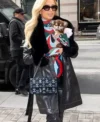 Buy Paris Hilton Black Leather Coat with Fur Trim and Belted Closure Jacket