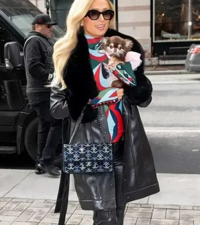 Buy Paris Hilton Black Leather Coat with Fur Trim and Belted Closure Jacket