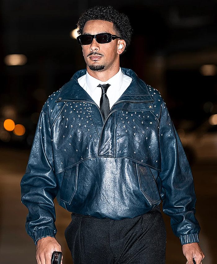 Quarterback Tunnel Walk Arrival 2026 Jordan Love Blue Leather Jacket Front