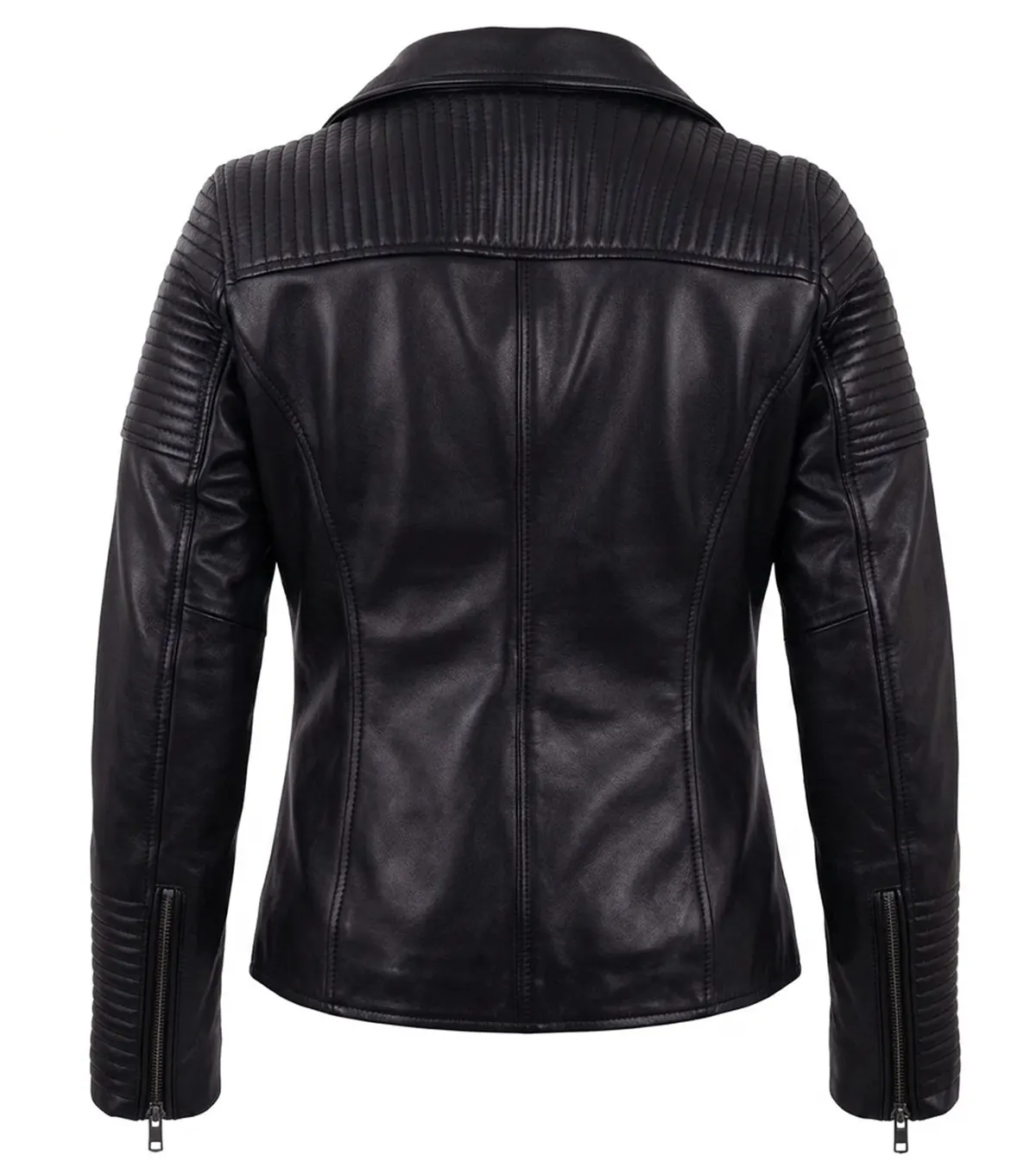Quilted Shoulder Black Leather Biker Jackets back view
