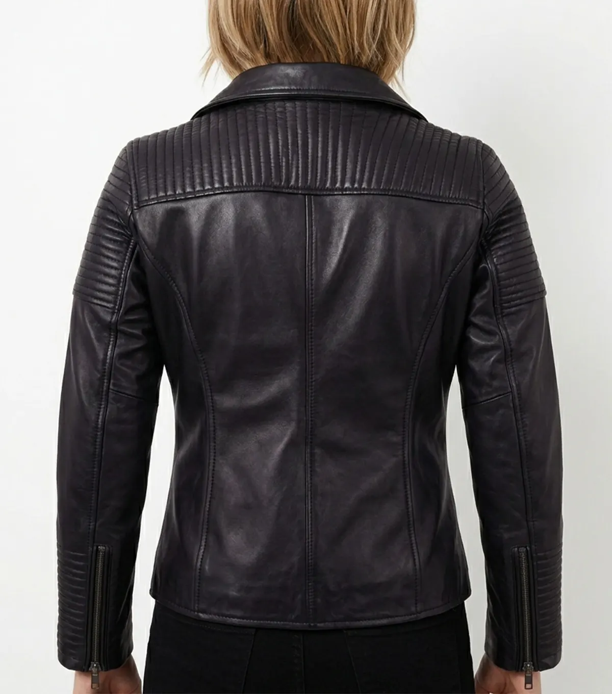 Quilted Shoulder Black Leather Biker Jackets back