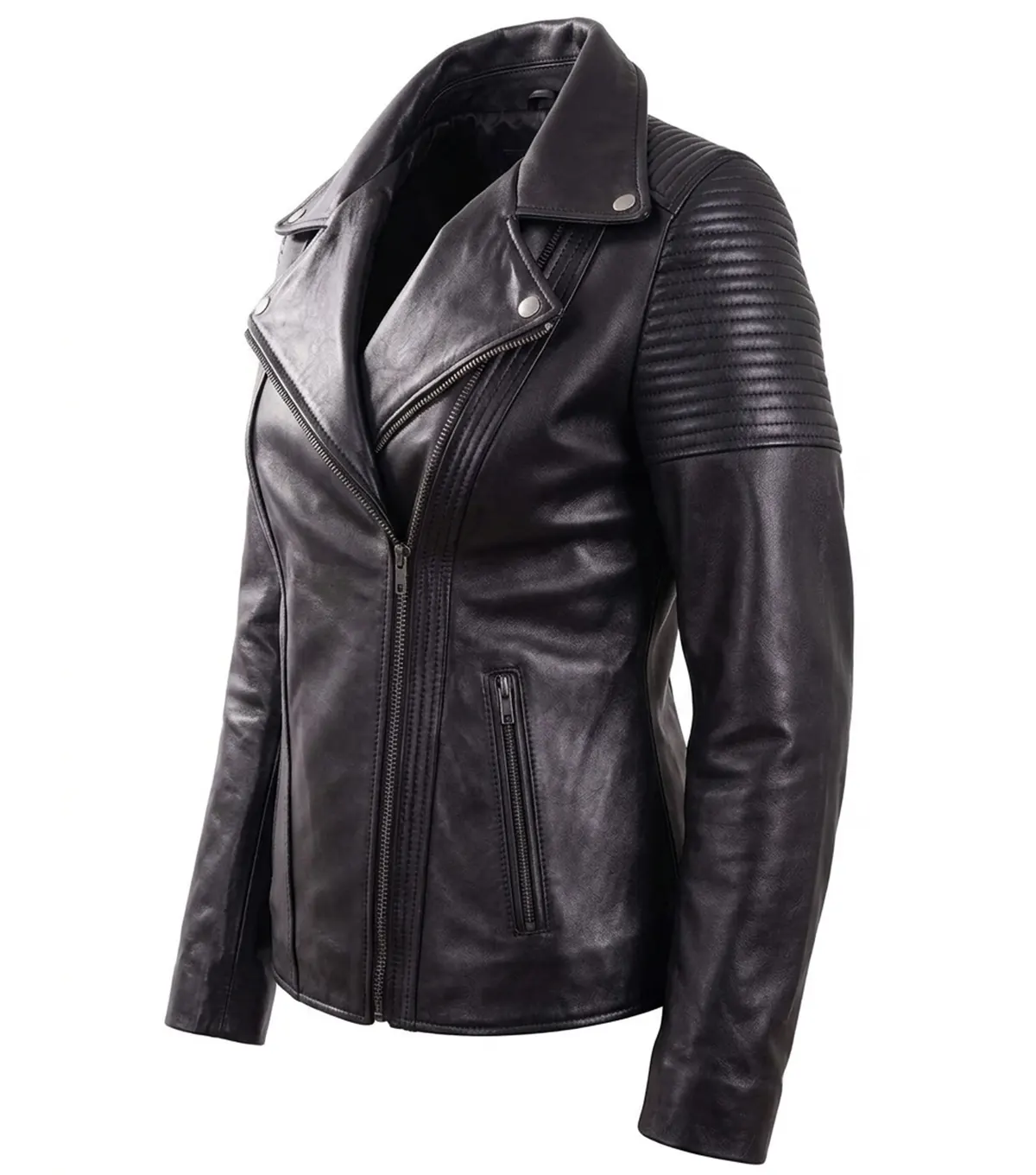 Quilted Shoulder Black Leather Biker Jackets side view