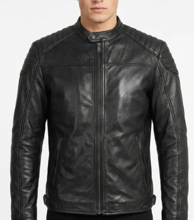 Quilted Shoulder Cafe Racer Jacket Black Leather