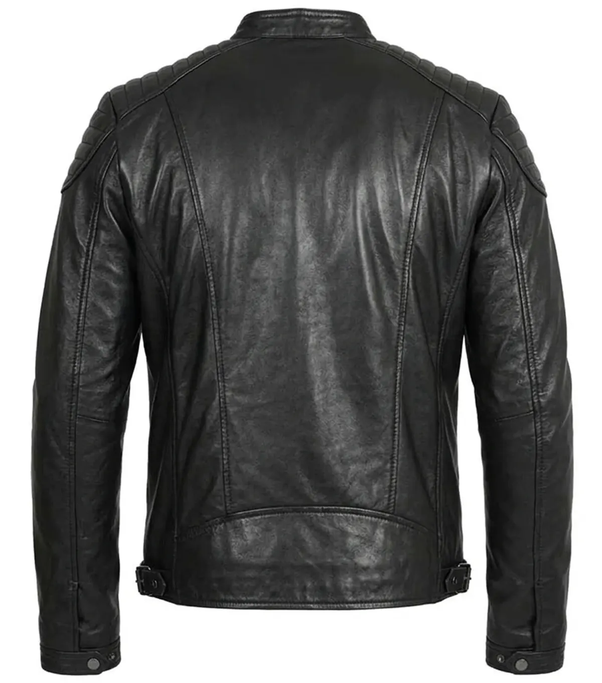 Quilted Shoulder Cafe Racer Jacket Black Leather back view