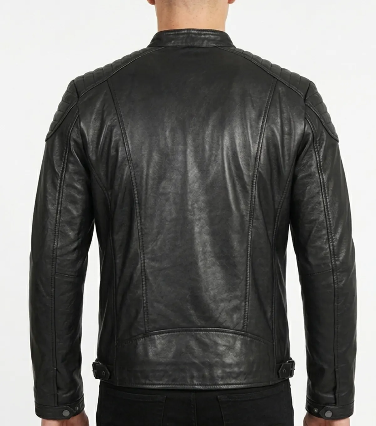 Quilted Shoulder Cafe Racer Jacket Black Leather back