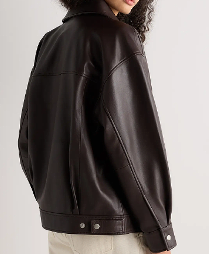 Quince Oversized Dark Brown Leather Bomber Jacket for Women Back