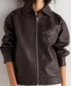 Quince Oversized Dark Brown Leather Bomber Jacket for Women Front