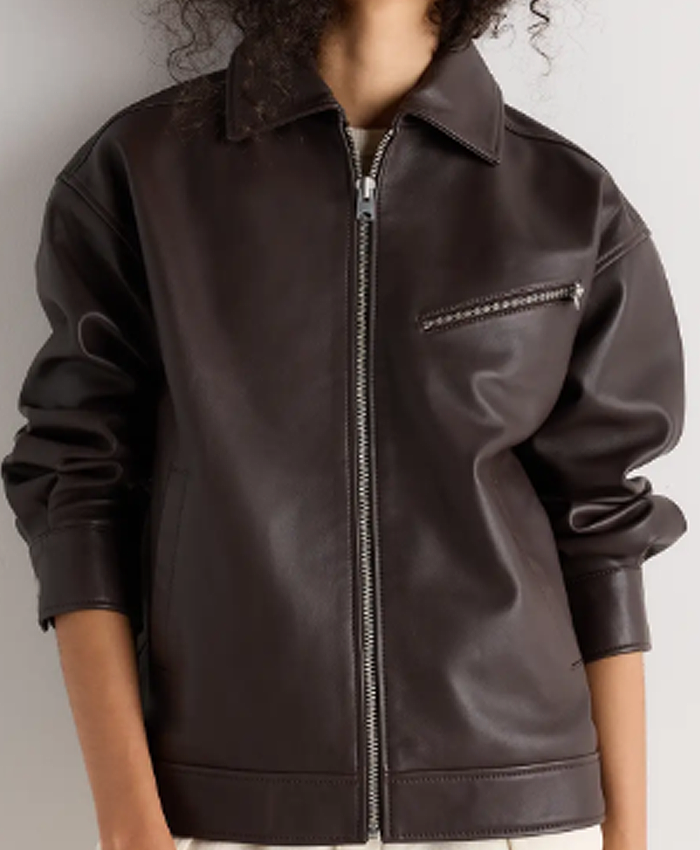 Quince Oversized Dark Brown Leather Bomber Jacket for Women Front
