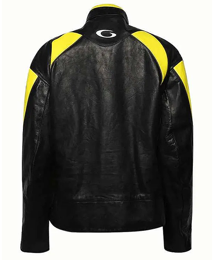 R and B Tour 2026 Chris Brown Balenciaga Black and Yellow Moto Biker Leather Jacket Back