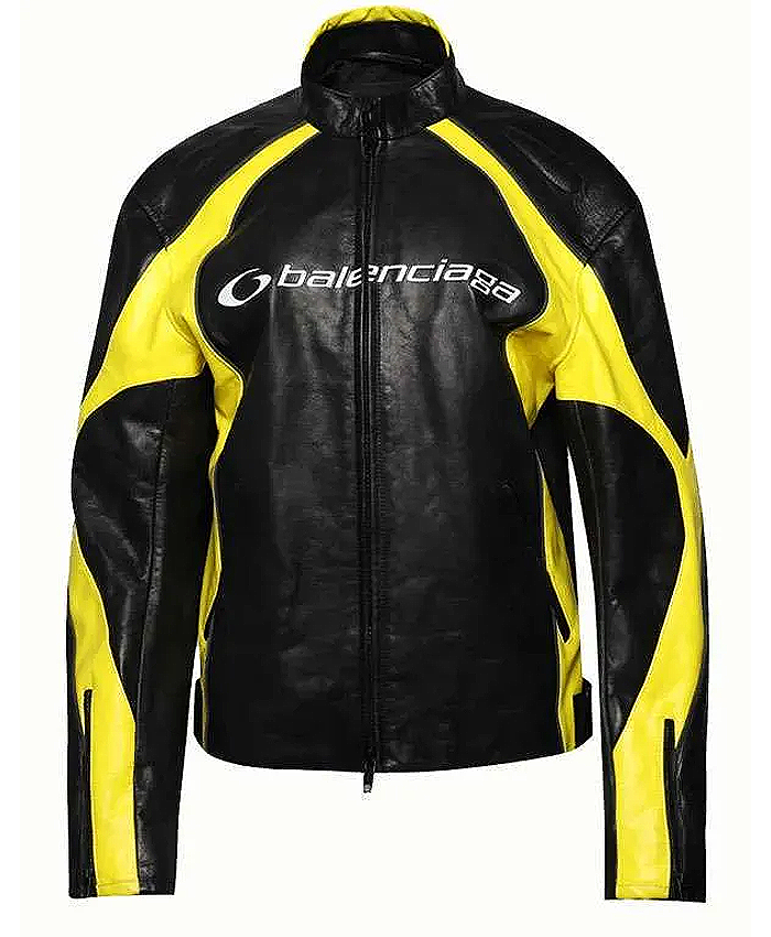 R and B Tour 2026 Chris Brown Balenciaga Black and Yellow Moto Biker Leather Jacket Front