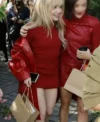 Sabrina Carpenter New York Fashion Week Red Leather Coat On Sale For Women