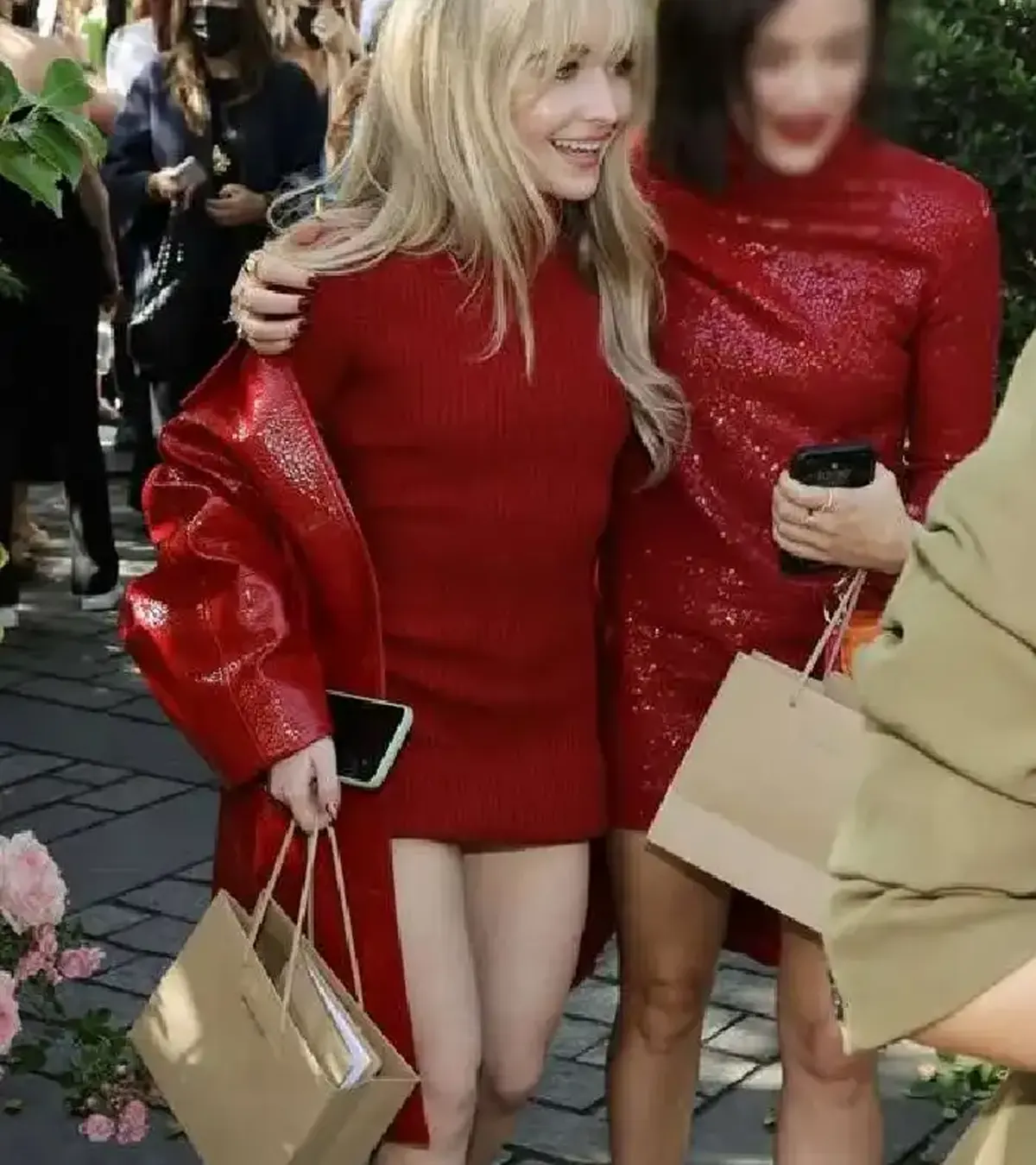 Sabrina Carpenter New York Fashion Week Red Leather Coat On Sale For Women