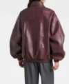 Samara Weaving Miami knit 2026 The Frankie Shop Burgundy Leather Jacket On Sale