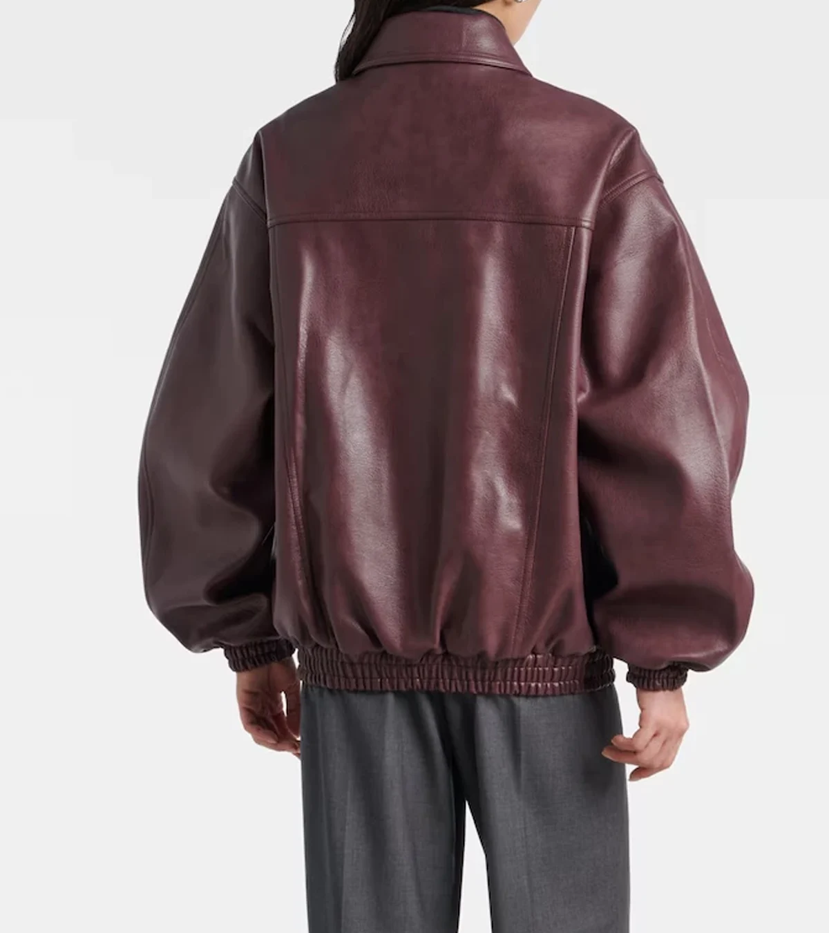Samara Weaving Miami knit 2026 The Frankie Shop Burgundy Leather Jacket On Sale