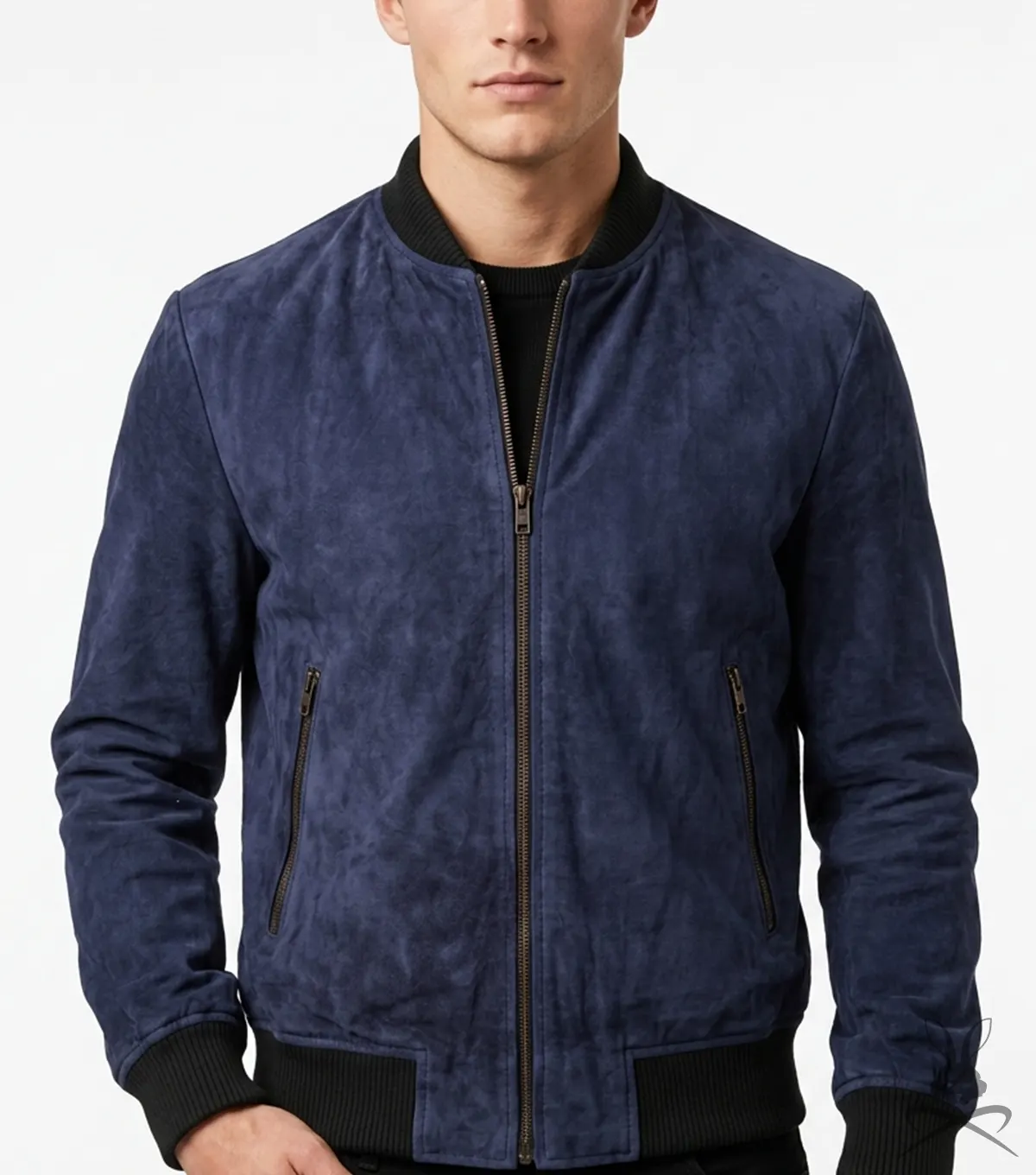 Shane Navy Blue Bomber Suede Leather Jacket