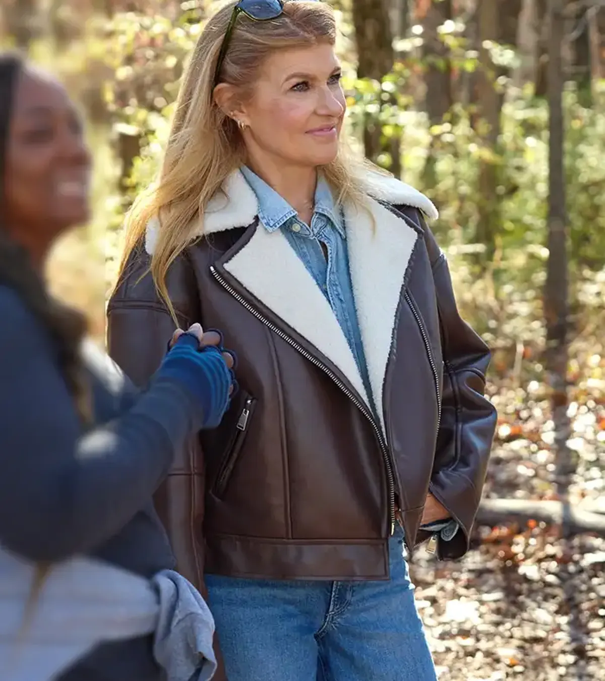 Shop Connie Britton TV-Series The Motherhood 2025 Brown Shearling Leather Jacket
