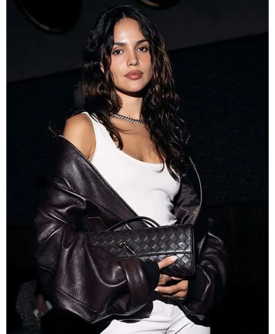 Singer Eiza Gonzalez Event 2025 Brown Leather Bomber Jacket Right
