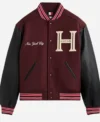 Tommy Hilfiger Spring Summer 2026 NYC Jung Hae-in Burgundy and Black Varsity Jacket For Sale