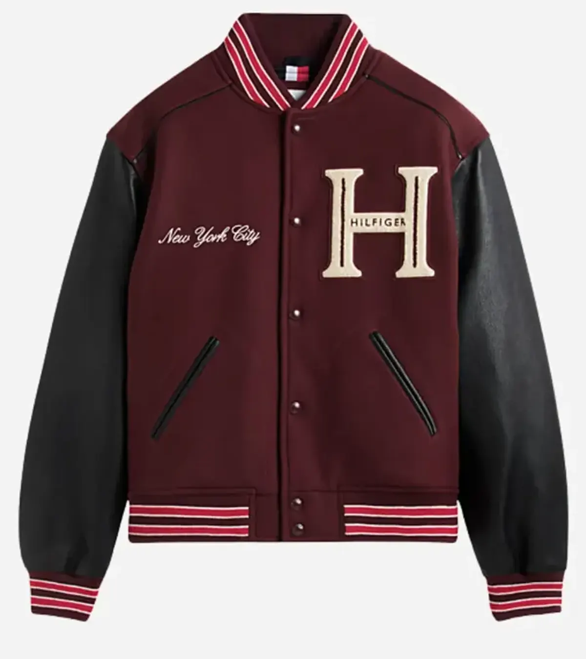 Tommy Hilfiger Spring Summer 2026 NYC Jung Hae-in Burgundy and Black Varsity Jacket For Sale