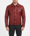 Vexton Red Trucker Style Leather Button Jackets