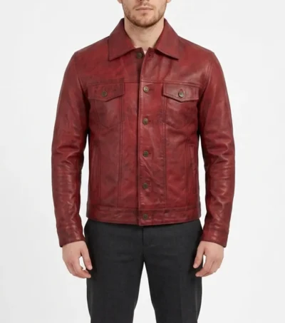 Vexton Red Trucker Style Leather Button Jackets