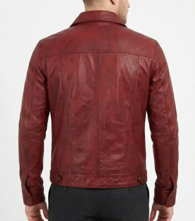Vexton Red Trucker Style Leather Button Jackets back