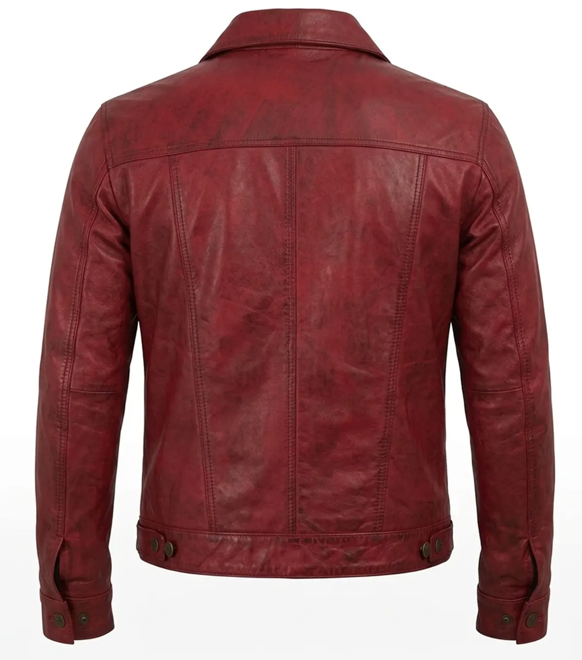 Vexton Red Trucker Style Leather Button Jackets back view