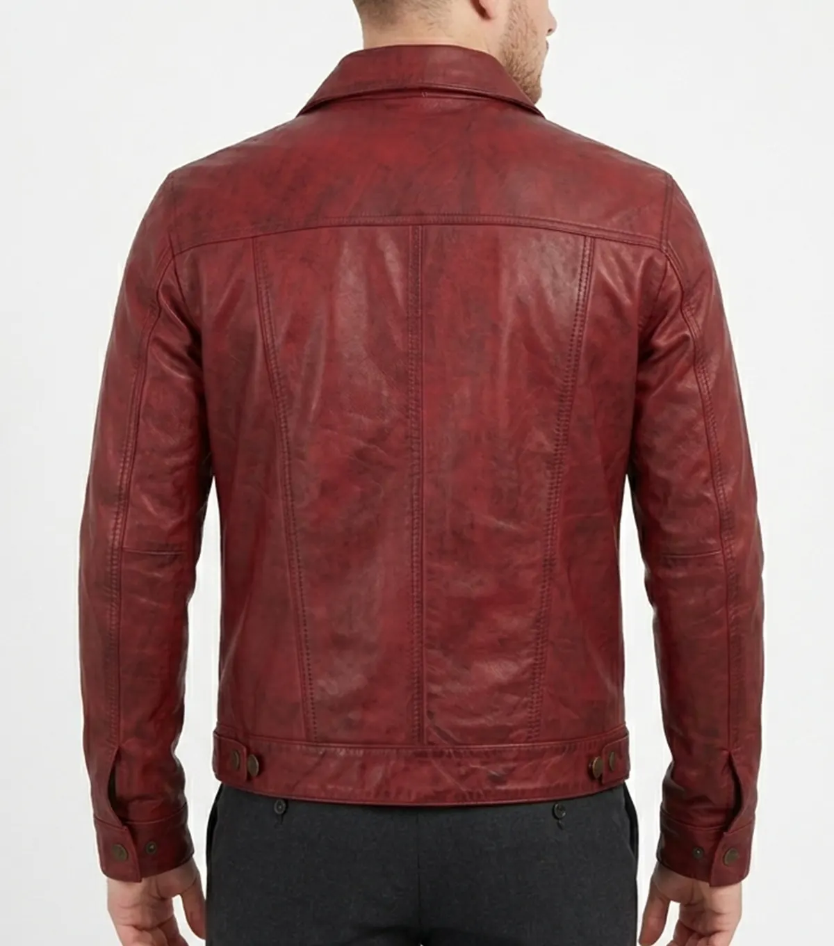 Vexton Red Trucker Style Leather Button Jackets back