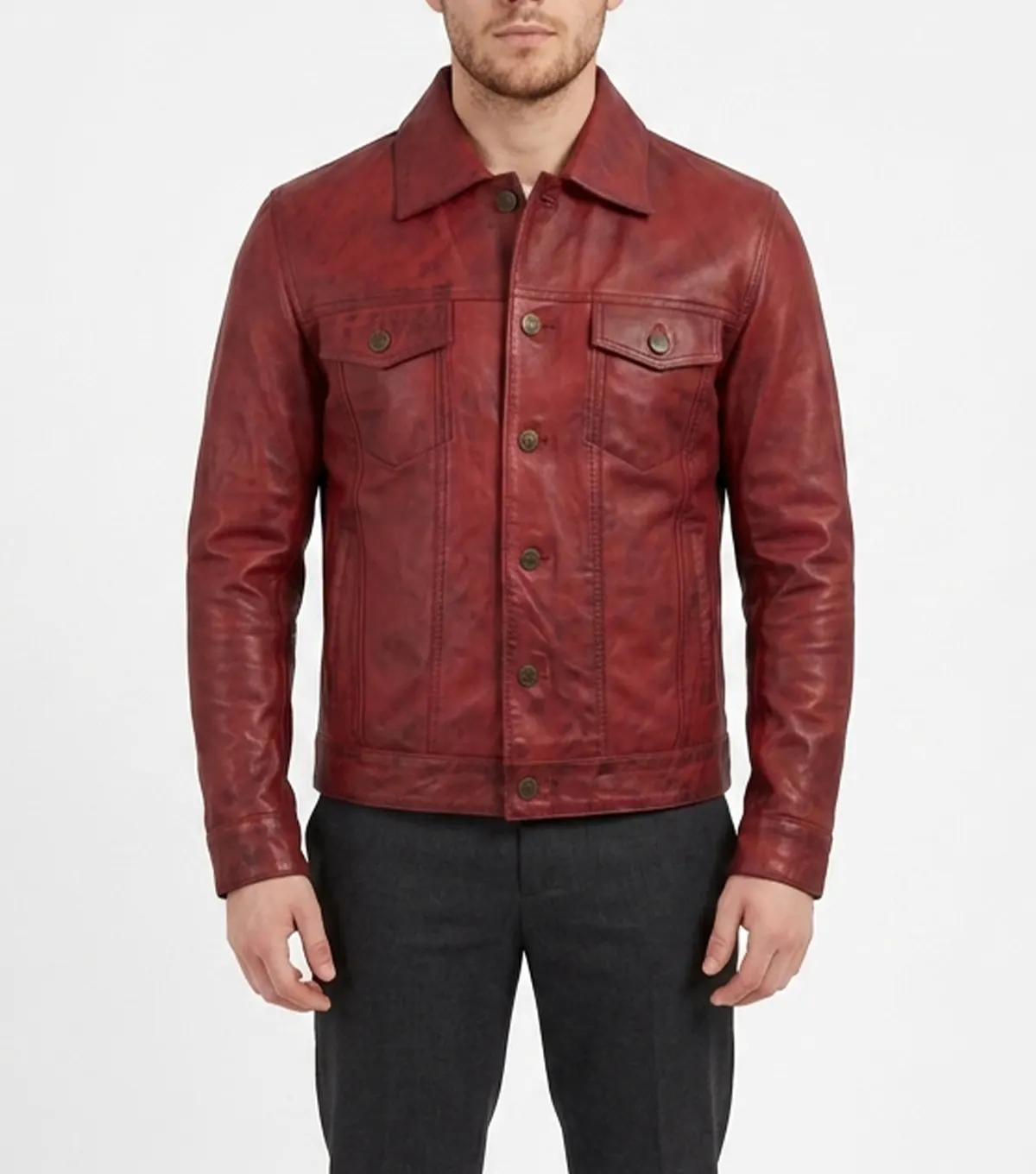 Vexton Red Trucker Style Leather Button Jackets